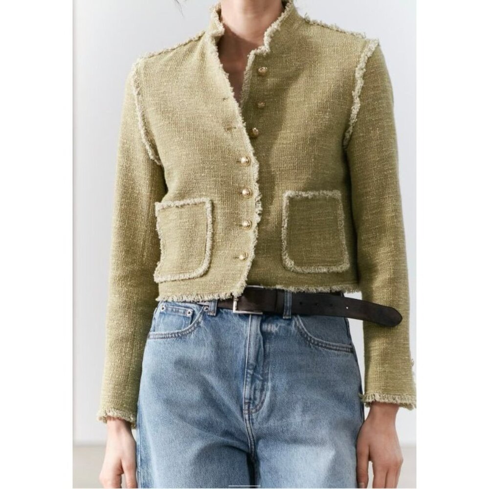 Zara ZW Collection Tweed Long Sleeves Patch Pockets Textured Frayed Jacket S